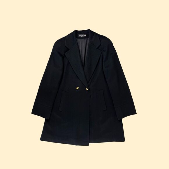 70s/80s wool trench coat by Holly Deb, vintage black jacket w gold-toned buttons - Picture 1 of 9